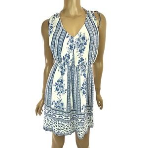 Charlotte Russe Size S Dress Elastic Waist White & Blue Sleeveless  Rayon V-Neck